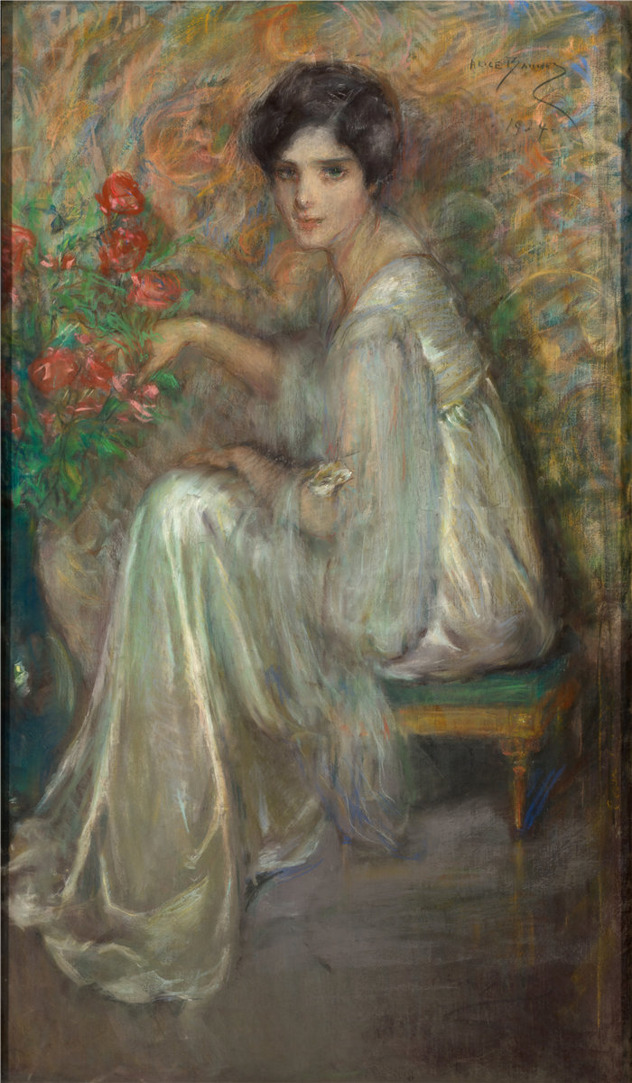 爱丽丝·派克·巴尼 (Alice Pike Barney,美国画家)作品-手捧玫瑰的年轻女子 (1924)