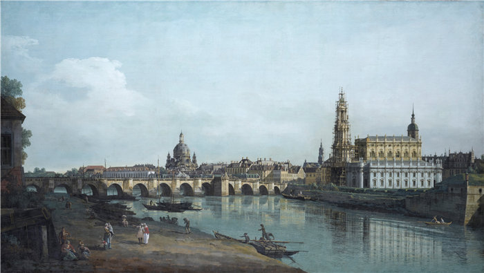 卡纳莱托 (Canaletto,意大利画家)作品-从易北河右岸看到的德累斯顿,位于奥古斯桥下方