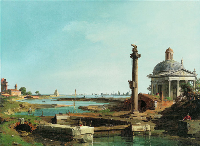卡纳莱托 （Canaletto，意大利画家）作品-泻湖旁的锁、柱和教堂