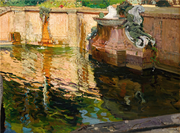 华金·索罗拉(Joaquin Sorolla,西班牙画家)作品-马喷泉,La Granja(1907 年)