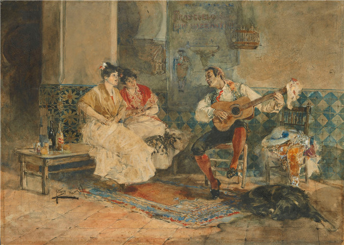 华金·索罗拉(Joaquin Sorolla,西班牙画家)作品-两个女人在室内听吉他手 (1887)