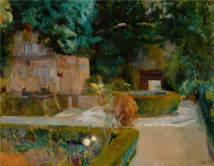 华金·索罗拉（Joaquin Sorolla，西班牙画家）作品-Jardín De Los Adarves，阿尔罕布拉宫，格拉纳达（1910 年）