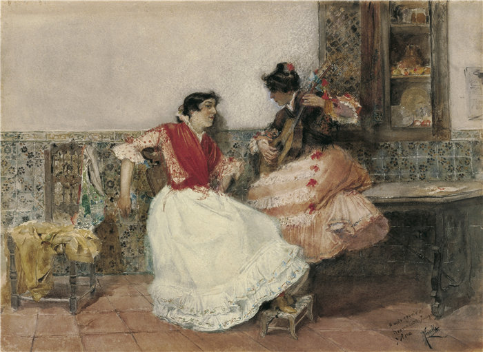 华金·索罗拉（Joaquin Sorolla，西班牙画家）作品-弹吉他（约 1889 年）