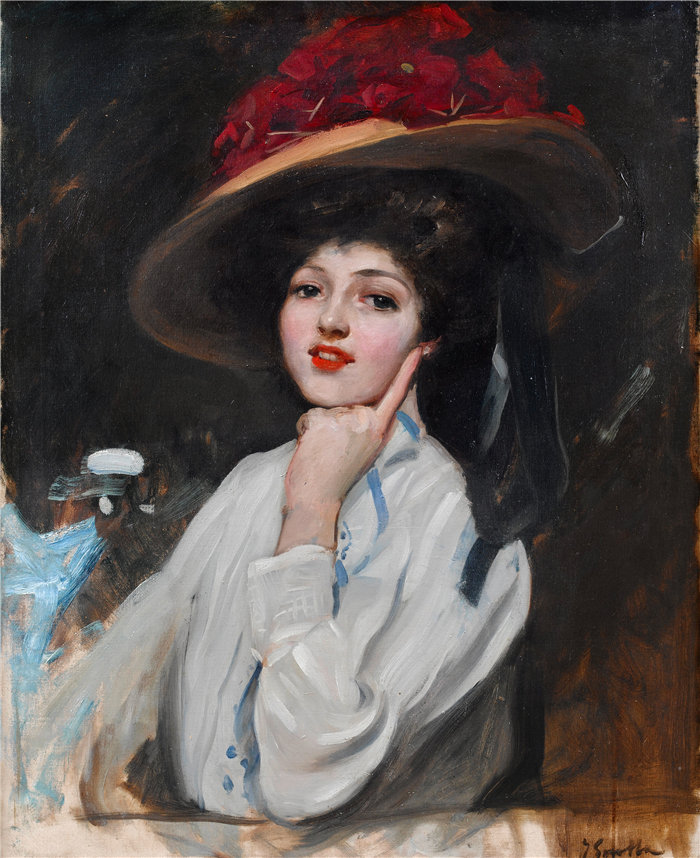 华金·索罗拉（Joaquin Sorolla，西班牙画家）作品-一个戴帽子的年轻女子的肖像