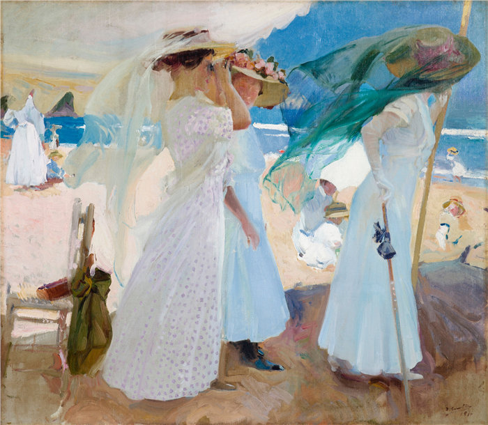 华金·索罗拉(Joaquin Sorolla,西班牙画家)作品-在遮阳篷下,Zarauz (1910)