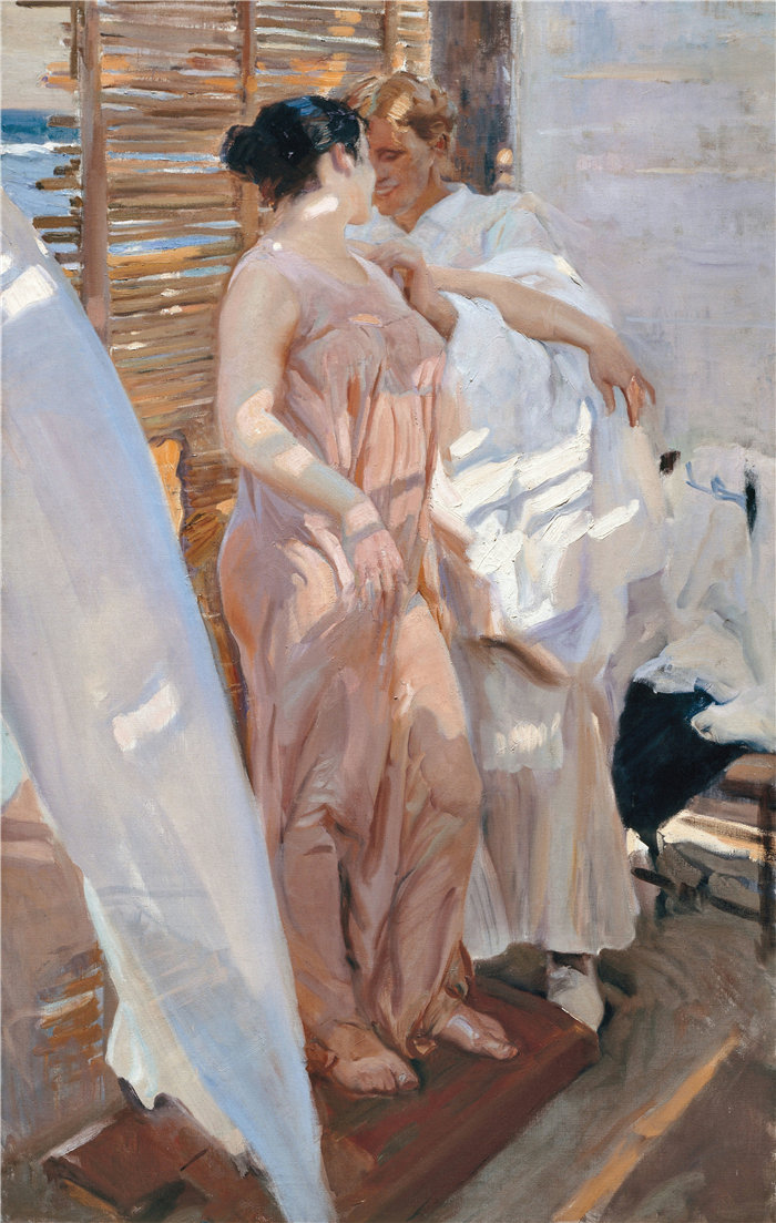 华金·索罗拉(Joaquin Sorolla,西班牙画家)作品-粉红长袍 (1916)