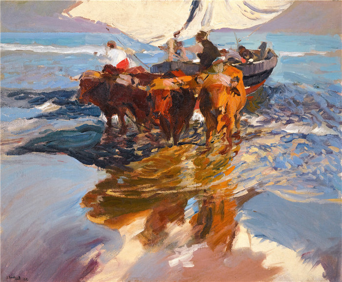 华金·索罗拉(Joaquin Sorolla,西班牙画家)作品-钓鱼归来,瓦伦西亚海滩(1908 年)