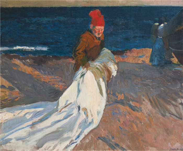 华金·索罗拉（Joaquin Sorolla，西班牙画家）作品-收帆，瓦伦西亚海滩（1908 年）