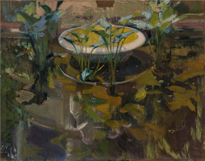 华金·索罗拉（Joaquin Sorolla，西班牙画家）作品-艺术家之家的花园；信心之泉中的倒影