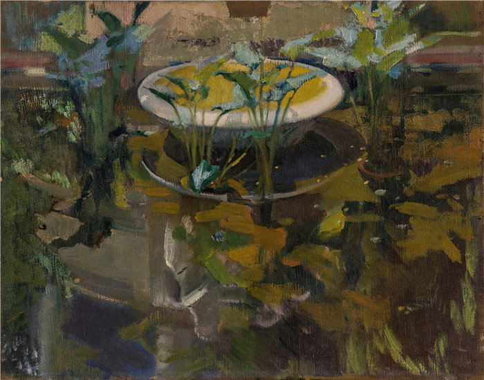 华金·索罗拉(Joaquin Sorolla,西班牙画家)作品-艺术家之家的花园;信心之泉中的倒影