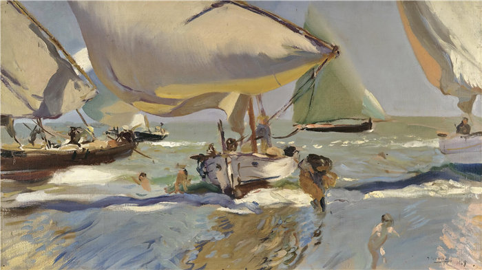 华金·索罗拉(Joaquin Sorolla,西班牙画家)作品-岸上的船 (1909)