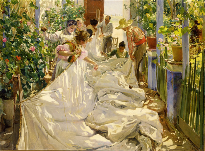 华金·索罗拉(Joaquin Sorolla,西班牙画家)作品-缝制风帆 (1896)