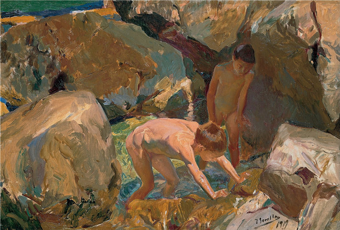华金·索罗拉(Joaquin Sorolla,西班牙画家)作品-寻找贝类的儿童