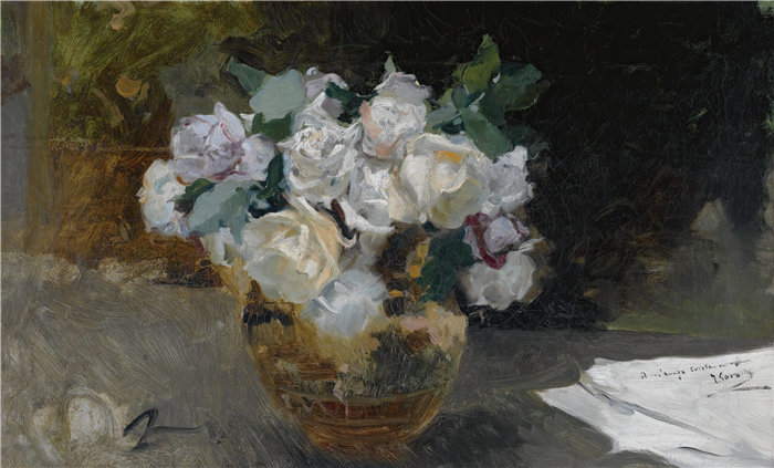 华金·索罗拉(Joaquin Sorolla,西班牙画家)作品-白玫瑰花束