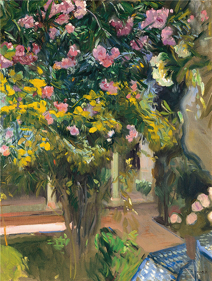 华金·索罗拉（Joaquin Sorolla，西班牙画家）作品-夹竹桃，艺术家家的庭院