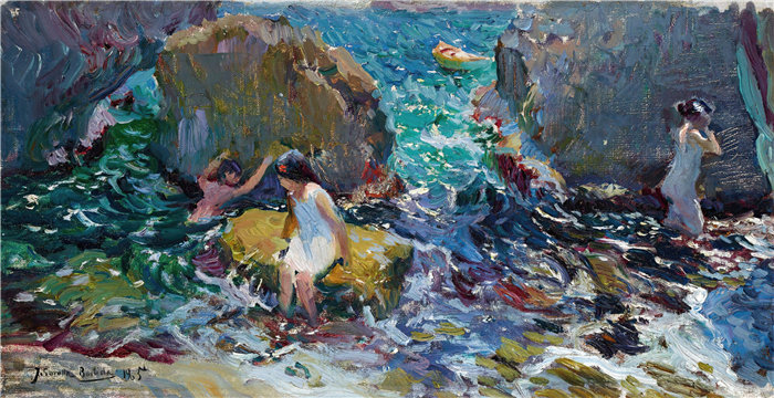 华金·索罗拉（Joaquin Sorolla，西班牙画家）作品-海边的孩子们，哈维亚 (1905)