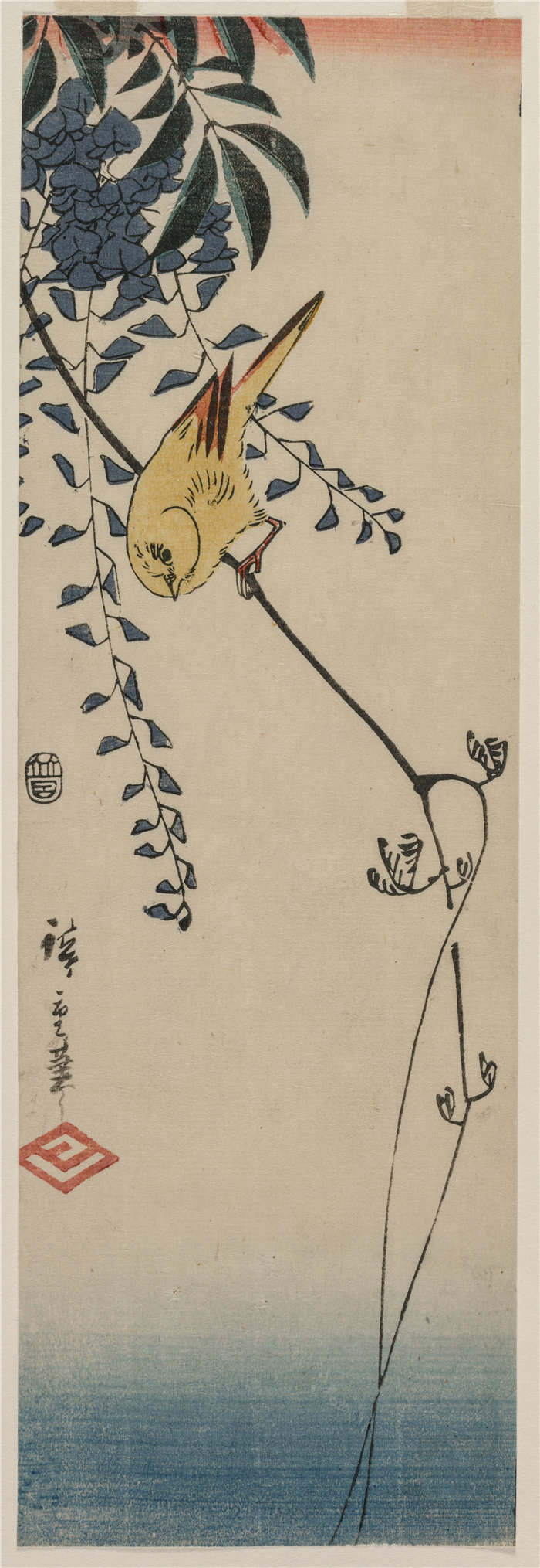 安藤广重（Andō Hiroshige，日本画家）作品-金丝雀和紫藤（1840 年代中期）