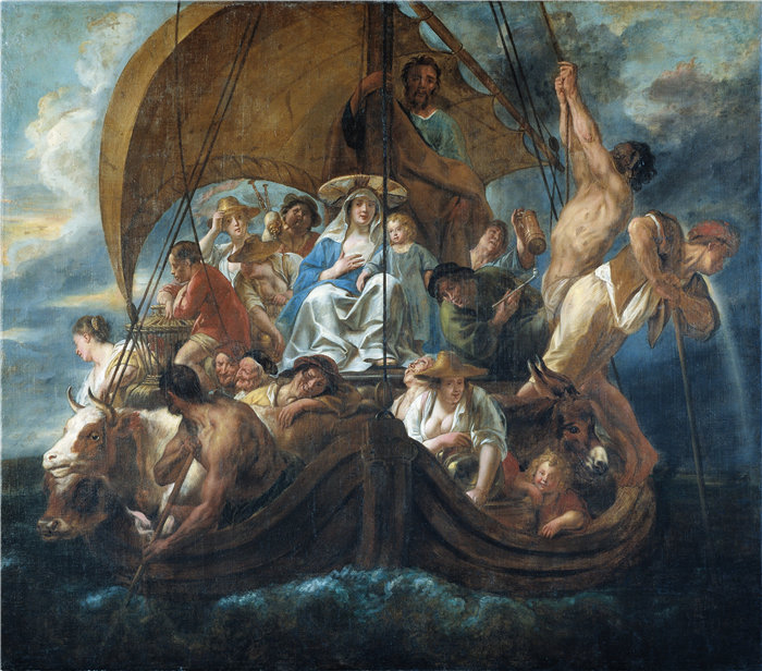 雅各布·乔丹斯（Jacob Jordaens，比利时画家）作品-船上有各种各样的人和动物的神圣家庭