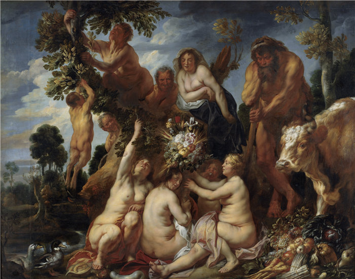 雅各布·乔丹斯(Jacob Jordaens,比利时画家)作品-被赫拉克勒斯打败的阿赫勒斯。聚宝盆的由来。(丰收的寓言)(1649)