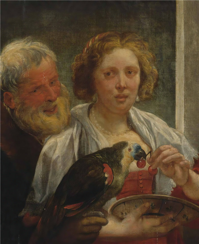 雅各布·乔丹斯（Jacob Jordaens，比利时画家）作品-一个有胡子的男人和一个养鹦鹉的女人；'单相思'