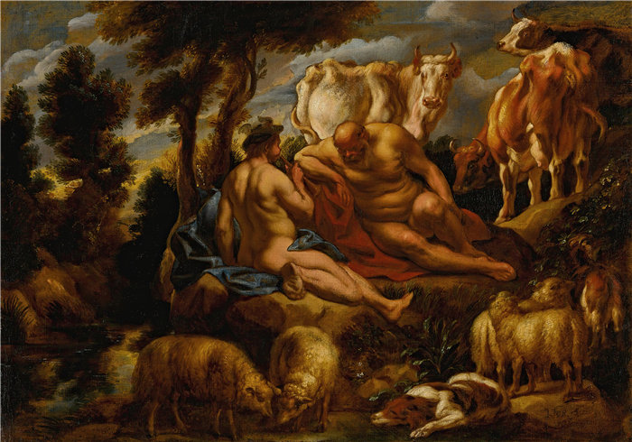 雅各布·乔丹斯（Jacob Jordaens，比利时画家）作品-墨丘利吹着长笛吹着阿古斯睡觉，艾欧变成了一只白色的小母牛（1648）