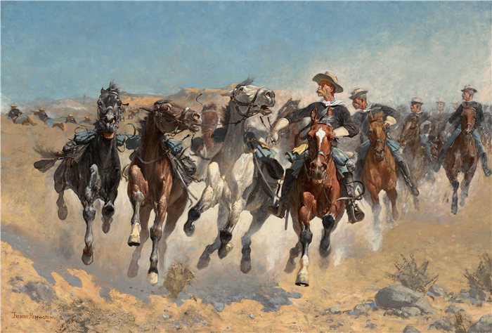 弗雷德里克·雷明顿 (Frederic Remington，美国画家)作品-下马，四兵移马（1890