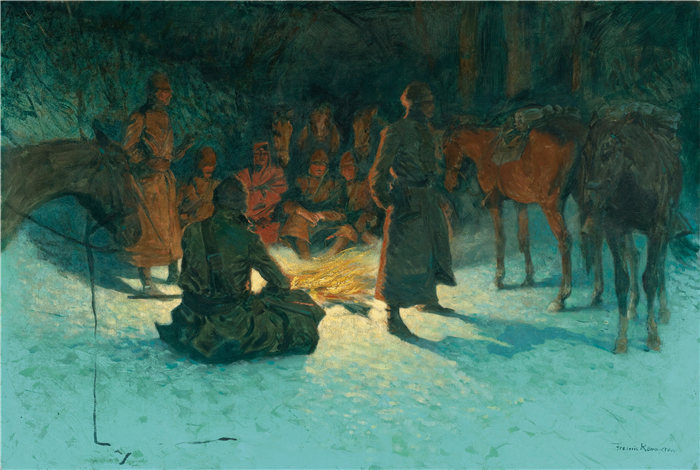 弗雷德里克·雷明顿 (Frederic Remington，美国画家)作品-在荒野中止步 (1905)