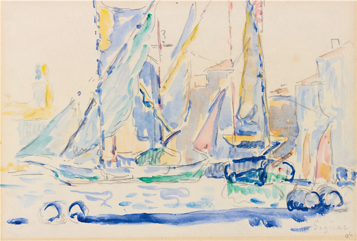 保罗·西涅克（Paul Signac，法国画家）作品-圣特罗佩，Tartanes Au 港口（1905 年）