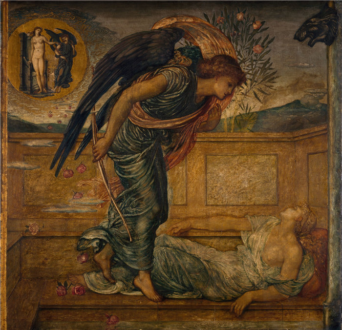 爱德华·伯恩·琼斯（Edward Burne-Jones，英国画家）作品--丘比特在喷泉旁寻找睡着的普赛克 (1881)