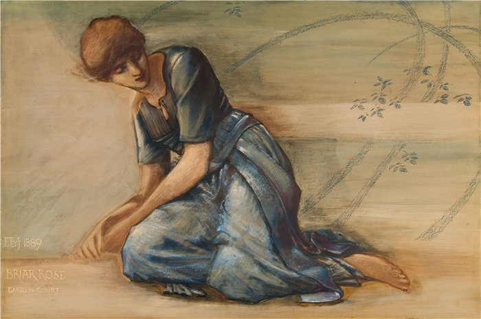 爱德华·伯恩·琼斯(Edward Burne-Jones,英国画家)作品--野蔷薇系列——《花园庭院》IV 的研究(1889 年)