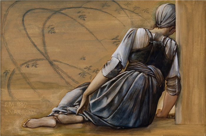 爱德华·伯恩·琼斯(Edward Burne-Jones,英国画家)作品--野蔷薇系列——《花园庭院》II 研究(1889 年)