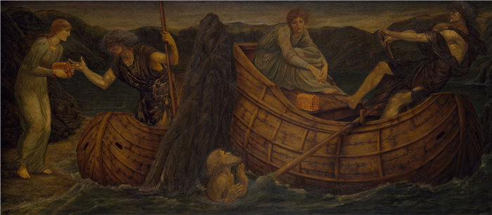 爱德华·伯恩·琼斯（Edward Burne-Jones，英国画家）作品--普赛克将硬币交给冥河的摆渡人 (1881)