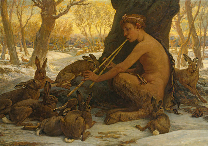 以利户维德（Elihu Vedder，美国画家）作品-年轻的马西亚斯 (Marsyas Enchanting The Hares) (1878)