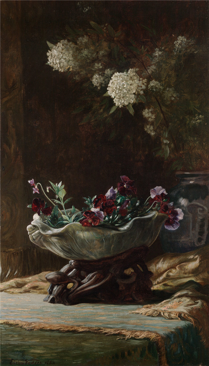以利户维德（Elihu Vedder，美国画家）作品-三色堇和绣线菊 (1882)