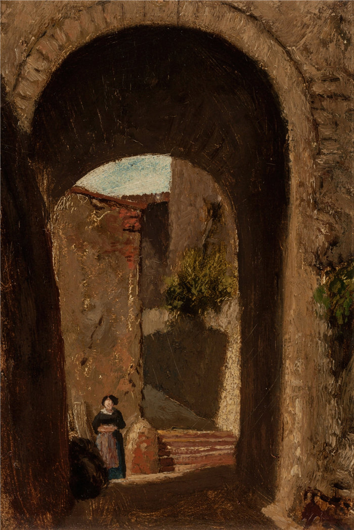 以利户维德（Elihu Vedder，美国画家）作品-拱门与女人（约 1865 年） 风景