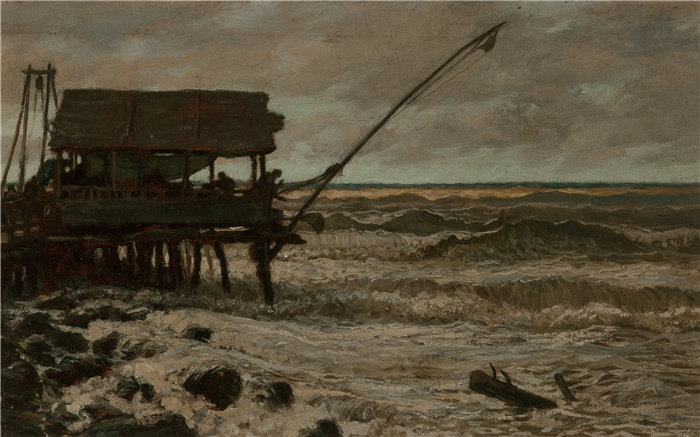 以利户维德（Elihu Vedder，美国画家）作品-意大利维亚雷焦码头附近的钓鱼小屋（1880 年）