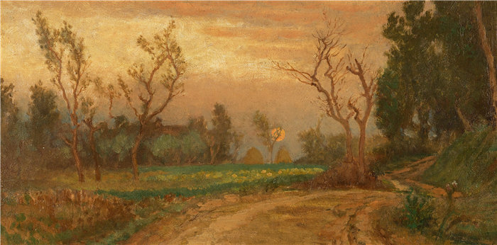 以利户维德（Elihu Vedder，美国画家）作品-靠近安赛迪佩鲁贾别墅，日落（1873-1880）