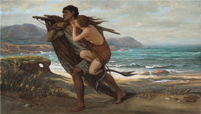 以利户维德（Elihu Vedder，美国画家）作品-渔夫与美人鱼 (1888-1889)