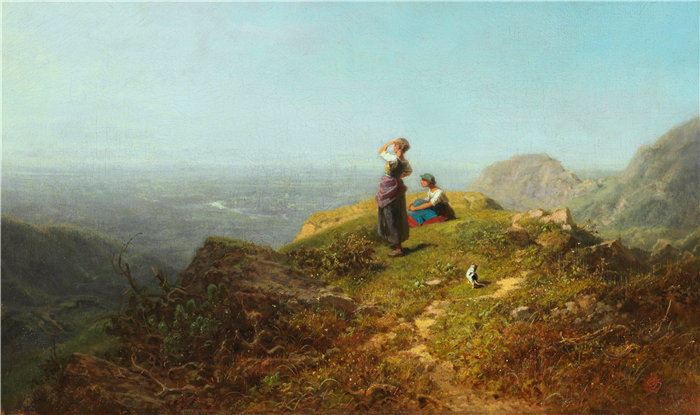 卡尔·斯皮茨韦格（Carl Spitzweg，德国画家）作品-查看山谷（阿尔卑斯山上的两个女孩）（1860 年）