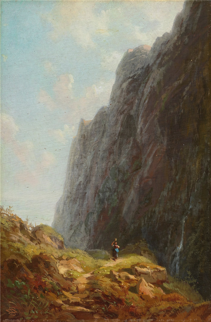 卡尔·斯皮茨韦格（Carl Spitzweg，德国画家）作品-沿着一条蜿蜒的石头小路的山和挤奶女工