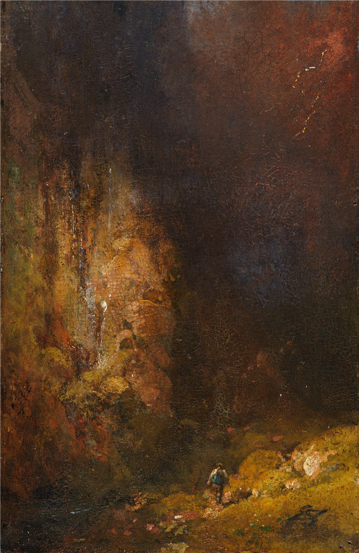 卡尔·斯皮茨韦格（Carl Spitzweg，德国画家）作品-雷暴期间山峡谷中的徒步旅行者（约 1860 年）