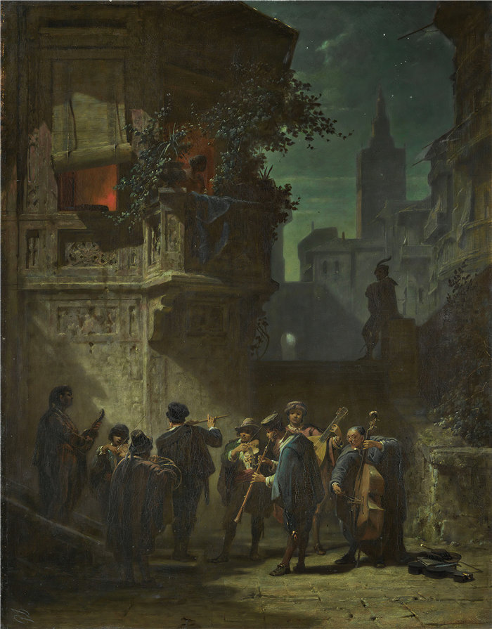 卡尔·斯皮茨韦格(Carl Spitzweg,德国画家)作品-西班牙小夜曲(1856 年左右)