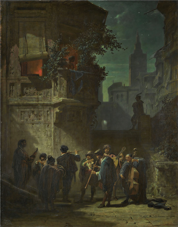 卡尔·斯皮茨韦格（Carl Spitzweg，德国画家）作品-西班牙小夜曲（1856 年左右）