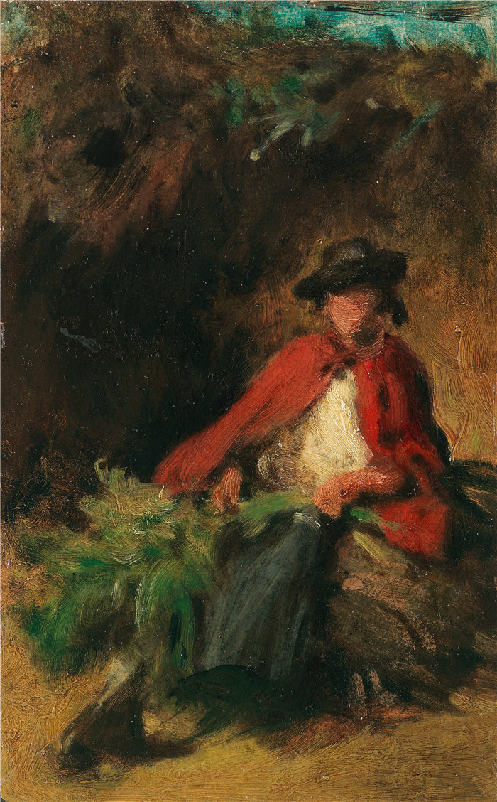 卡尔·斯皮茨韦格（Carl Spitzweg，德国画家）作品-穿着红色斗篷的坐着的女孩，她面前有一只野兔（1865 年）