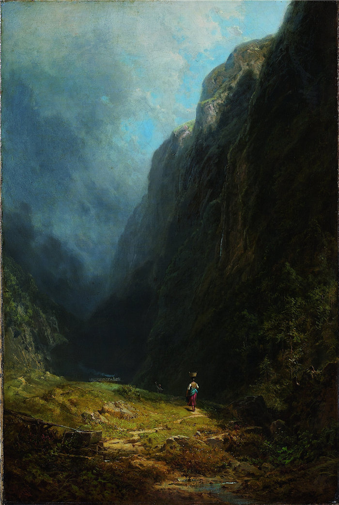 卡尔·斯皮茨韦格（Carl Spitzweg，德国画家）作品-在高山山谷（与温德尔施泰因山的风景）