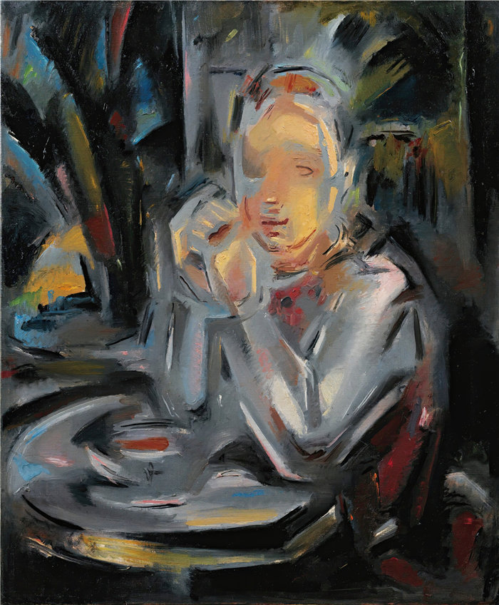 玛丽·布兰查德（María Blanchard，西班牙画家）作品-年轻人坐在杯子前的桌子旁