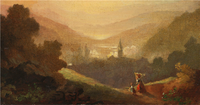 卡尔·斯皮茨韦格（Carl Spitzweg，德国画家）作品-有奶牛女工和孩子的山景（1870 年）