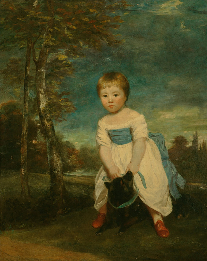 约书亚·雷诺兹（Joshua Reynolds，英国画家）作品-威廉·卡文迪什大师骑着黑狗站在风景中的肖像