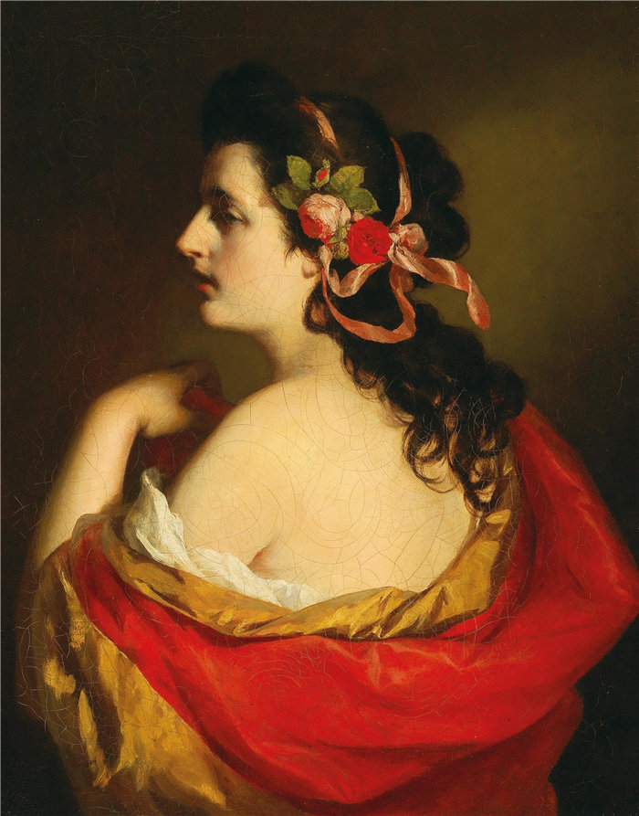 弗里德里希·冯·阿默林（Friedrich von Amerling，奥地利画家）作品 -一个年轻女孩的画像，她头发上有带子
