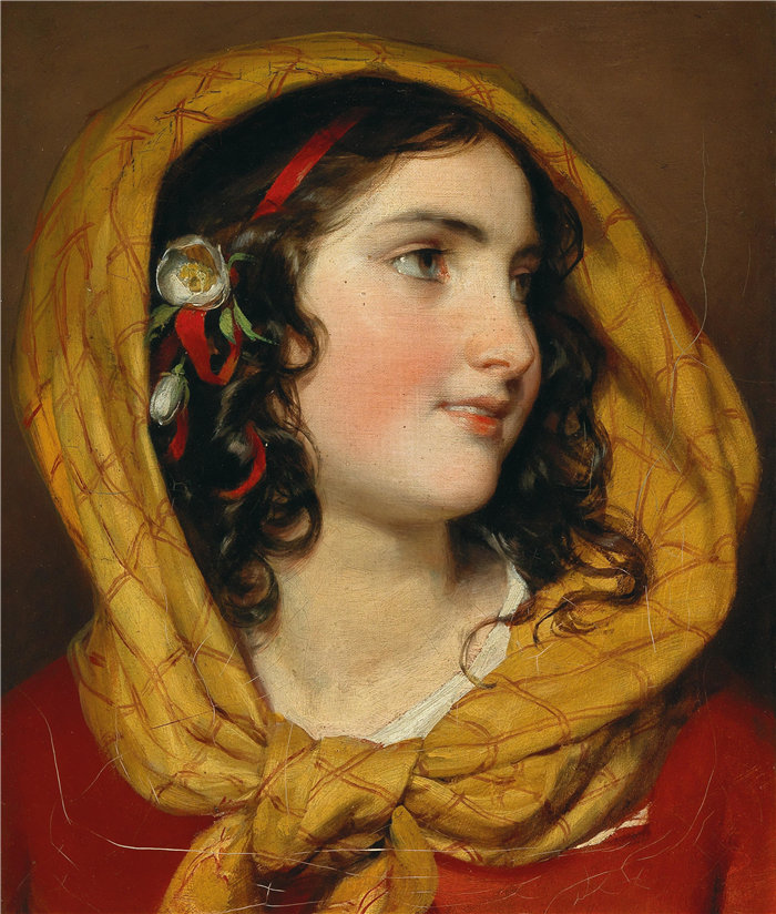 弗里德里希·冯·阿默林(Friedrich von Amerling,奥地利画家)作品 -一个戴着红色发带和黄色头巾的女孩的肖像